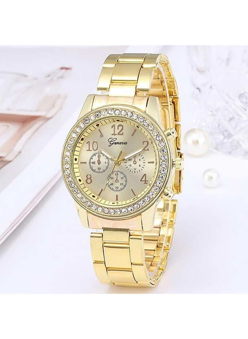 Geneva 3 Pcs Elegant Diamond Watches Set for Women Classic Round Dial Bezel Analog Quartz Ladies Watches Bracelet Jewelry Set Dress Wrist Watch for Ladies as Gifts - Image 4