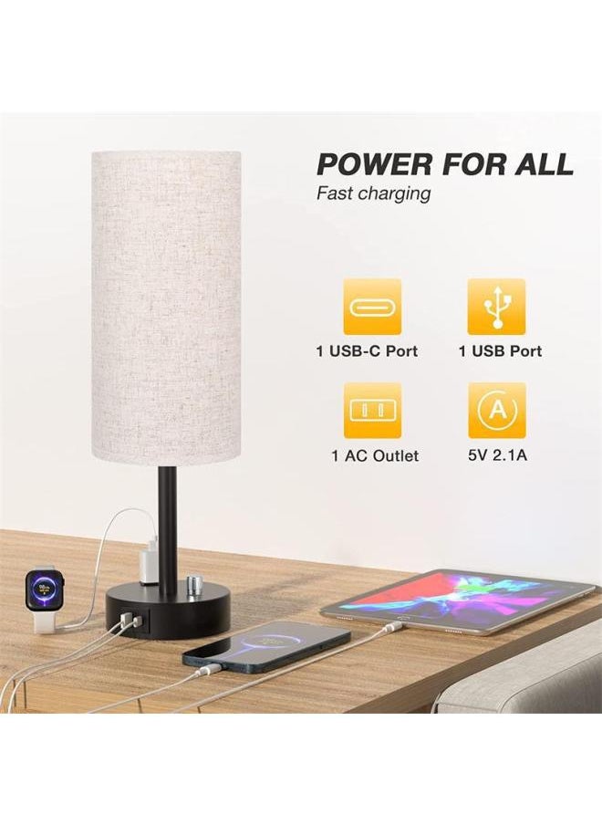 Generic - American Style Small Table Lamp Rotary Switch Dimmable Round Fabric Table Lamp Usbc Port Socket-Light Source Power:American Standard + Special Dimming Bulb-Light Color:White - Image 1