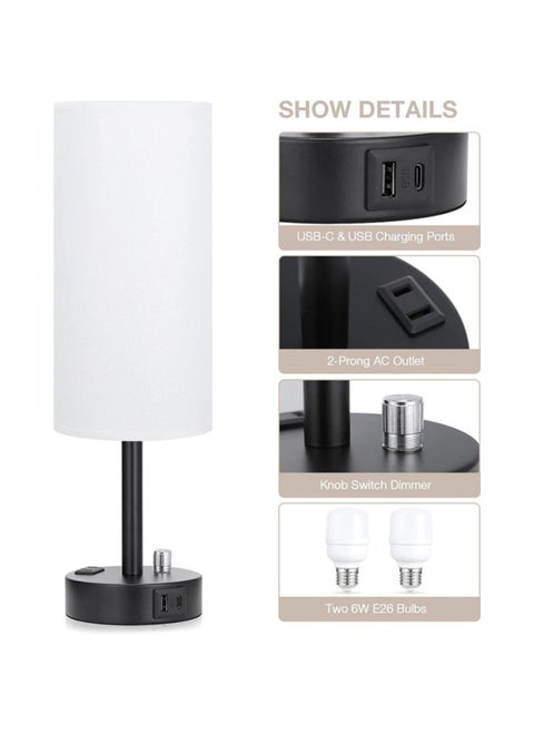 American Style Small Table Lamp Rotary Switch Dimmable Round Fabric Table Lamp Usbc Port Socket-Light Source Power:American Standard + Special Dimming Bulb-Light Color:White