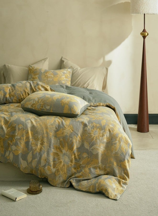 Simple&Opulence Muslin Duvet Cover Set King Size, 100% Washed Cotton 3 Pieces Yarn-Dyed Vintage Yellow Floral Jacquard Textured Bedding, Soft & Breathable Gauze Comforter Cover with Zipper Closure - Image 1
