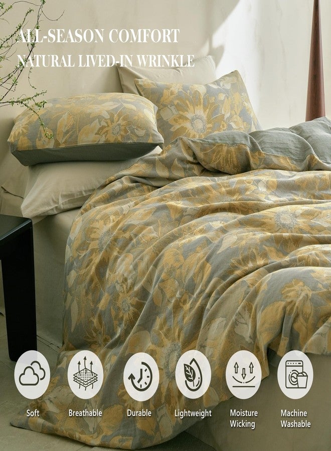 Simple&Opulence Muslin Duvet Cover Set King Size, 100% Washed Cotton 3 Pieces Yarn-Dyed Vintage Yellow Floral Jacquard Textured Bedding, Soft & Breathable Gauze Comforter Cover with Zipper Closure - Image 3