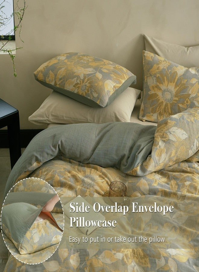 Simple&Opulence Muslin Duvet Cover Set King Size, 100% Washed Cotton 3 Pieces Yarn-Dyed Vintage Yellow Floral Jacquard Textured Bedding, Soft & Breathable Gauze Comforter Cover with Zipper Closure - Image 4