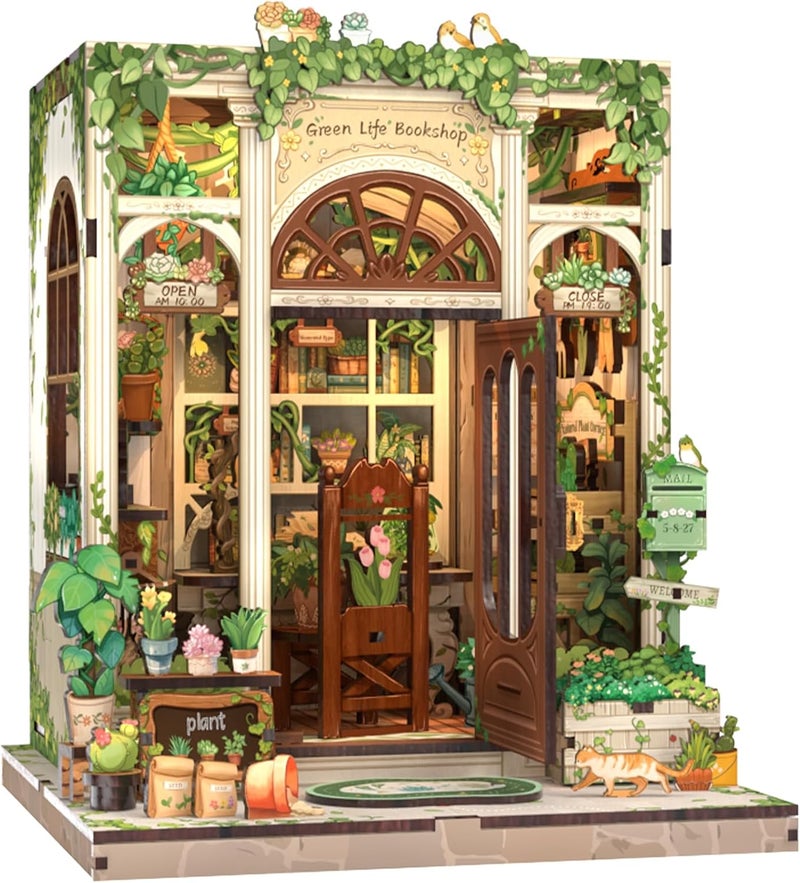 Cutefun DIY Miniature Dollhouse Book Nook Kit - Green Life Bookshop with LED Light for Adults and Teens - Image 1