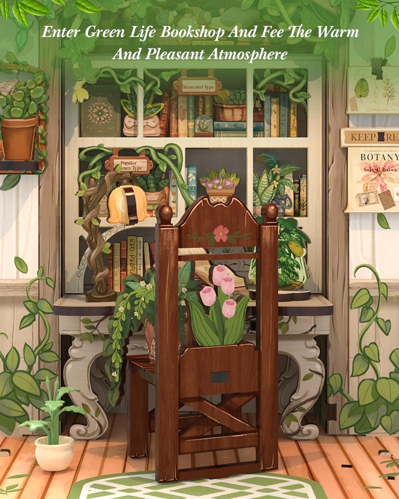 Cutefun DIY Miniature Dollhouse Book Nook Kit - Green Life Bookshop with LED Light for Adults and Teens - Image 4