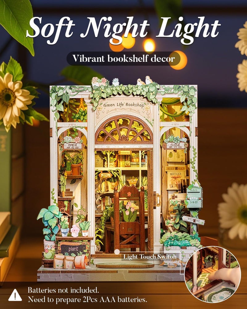 Cutefun DIY Miniature Dollhouse Book Nook Kit - Green Life Bookshop with LED Light for Adults and Teens - Image 2