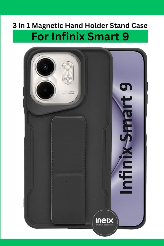 For Infinix Smart 9 - Hard Silicone Magnetic Back Stand Case With Foldable Kickstand & Finger Strap -Black