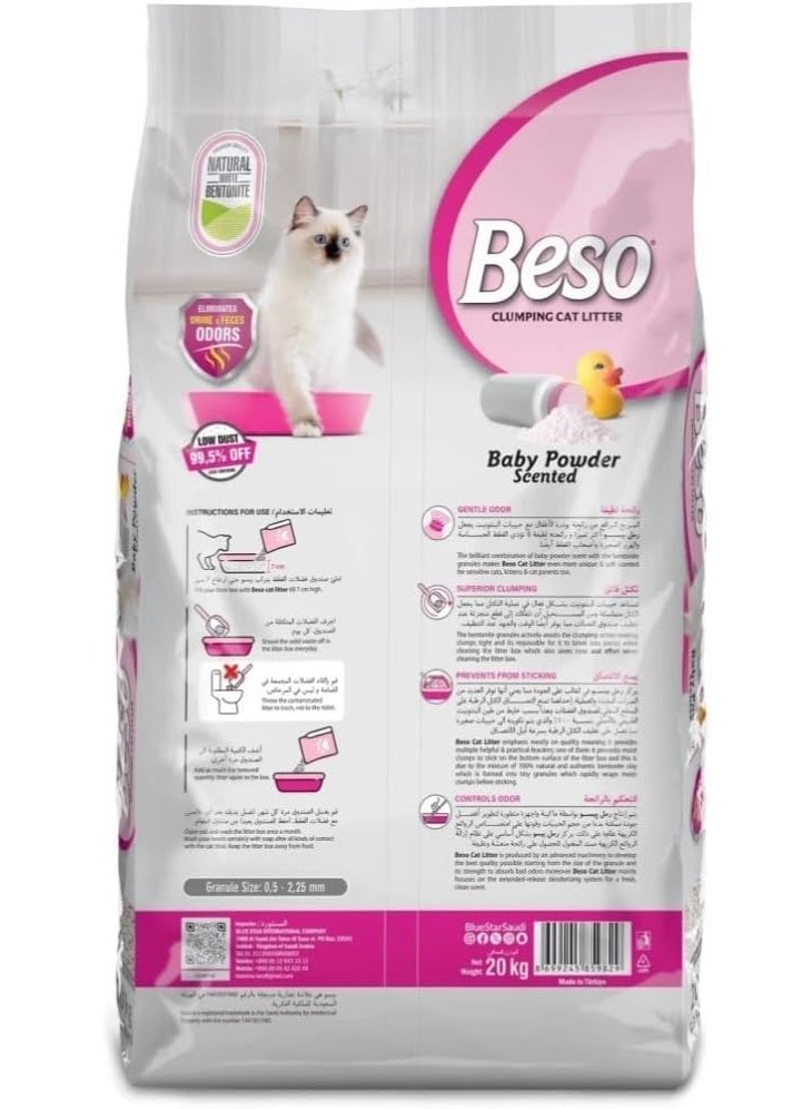 Beso Clumping Cat Litter Baby Powder Scented 20 Kg Strong Odor Control & Fast Clumping Freshness - Image 2