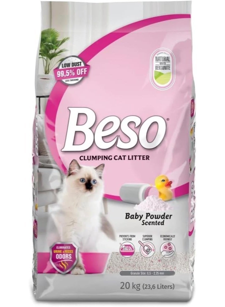 Beso Clumping Cat Litter Baby Powder Scented 20 Kg Strong Odor Control & Fast Clumping Freshness - Image 1