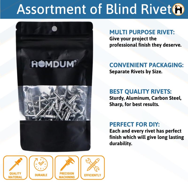Homdum مسامير ألومنيوم عمياء - مسامير معدنية POP لآلة التثبيت / ماكينة التثبيت عبوة من 100 قطعة. (4.8 x 12) - Image 4