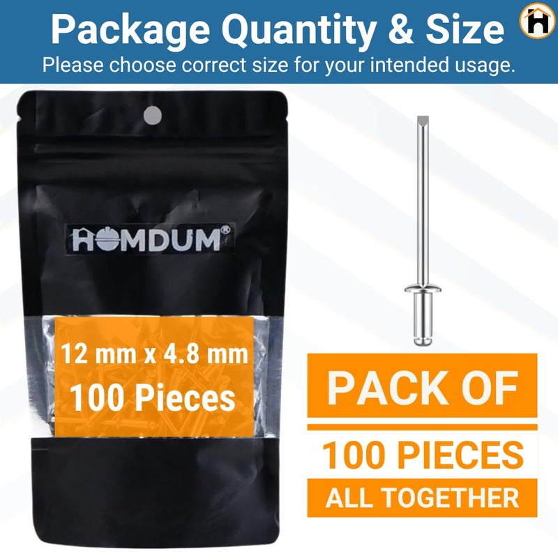 Homdum مسامير ألومنيوم عمياء - مسامير معدنية POP لآلة التثبيت / ماكينة التثبيت عبوة من 100 قطعة. (4.8 x 12) - Image 2