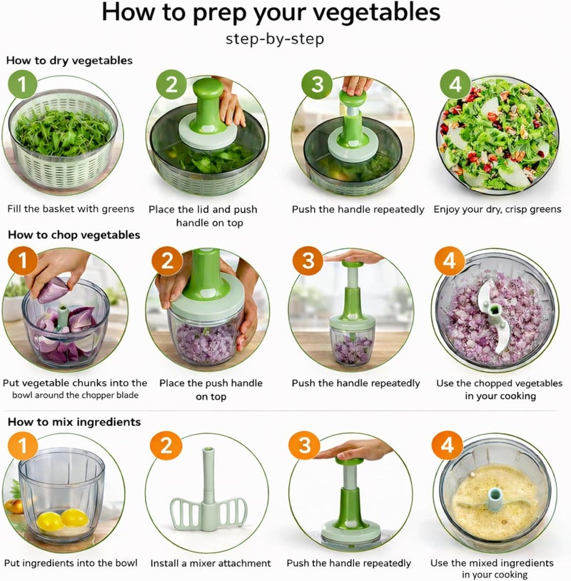 Brieftons Salad Spinner and Chopper: Large 6-Litre Lettuce Greens Vegetable Washer Dryer, with Bonus 0.9-Litre Veggie Chopper Mixer, Compact Storage, Easy Push Operation for Quick Veggie Prepping - Image 4