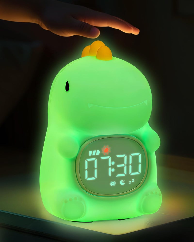 Yiliaw Dinosaus Alarm Clock for Kids with Night Light, Sleep Training Clock Time to Wake Clock, Rechargeable Silicone Light for Bedroom, Perfect Sleep Companion for Boys Girls - Image 1