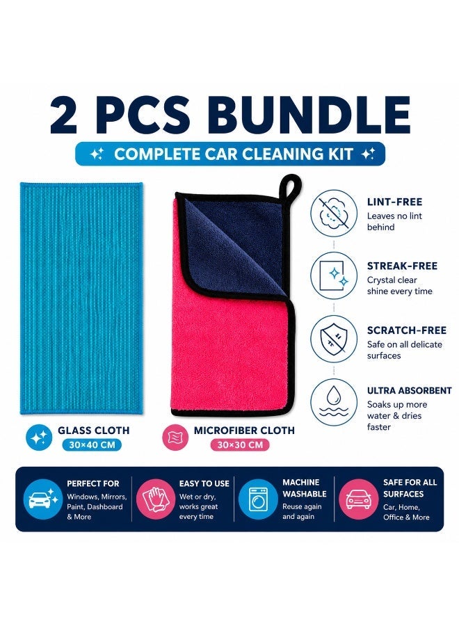 (2 Pcs) Car Cleaning Kit – Microfiber Cloth 30x30 cm & Glass Cleaning Cloth 30x40 cm, Lint-Free, Streak-Free, Absorbent Bundle - Image 2