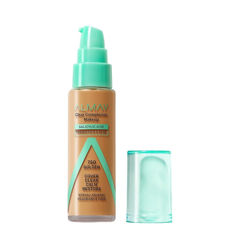 Almay Almay Clear Complexion Acne Foundation Makeup with Salicylic Acid, Medium Coverage, Soft Matte Finish, Hypoallergenic, Cruelty- & Fragrance-Free, Dermatologist Tested, 750 Golden, 1 fl oz