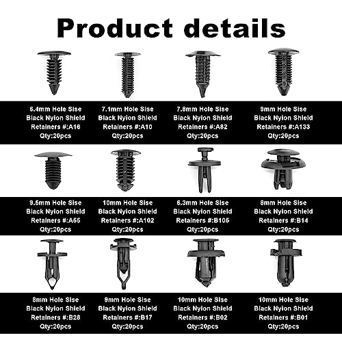 TOPCNOEM 240pcs Car Plastic Push Pin Rivet Fasteners, Car Retainer Clips Plastic Fasteners Kit with Remover Tool, Assortment Universal Retainer Clips Push Type Retainers Set in Case for Car, Most Popular Sizes - Image 5