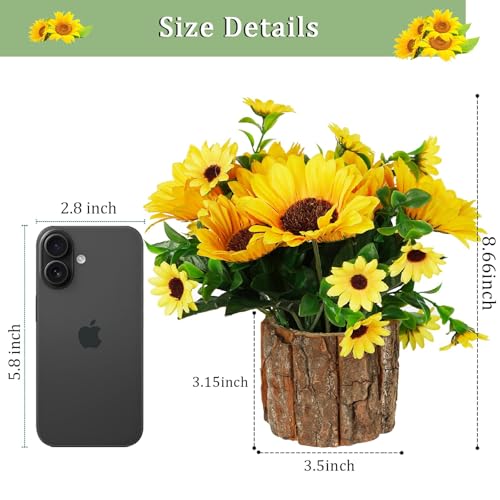 Lilithye Artificial Flowers Fake Silk Sunflower Flower in Planters Flower Vase Small Rustic Potted Flower Arrangements Artificial for Home Outdoors Tabletop Decor Set of 2 (Yellow) - Image 2