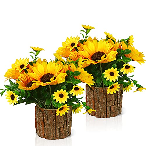 Lilithye Artificial Flowers Fake Silk Sunflower Flower in Planters Flower Vase Small Rustic Potted Flower Arrangements Artificial for Home Outdoors Tabletop Decor Set of 2 (Yellow) - Image 1