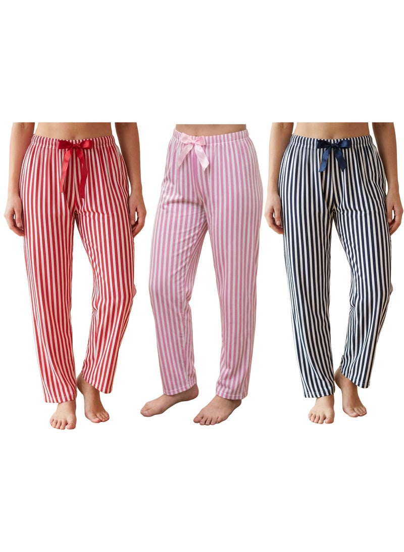 3-Piece Womens Pajama Pants Set 100% Turkish Cotton Sleepwear Soft Lightweight Breathable Lounge Pants Printed Relaxed Fit Ladies Pyjama Bottoms Homewear