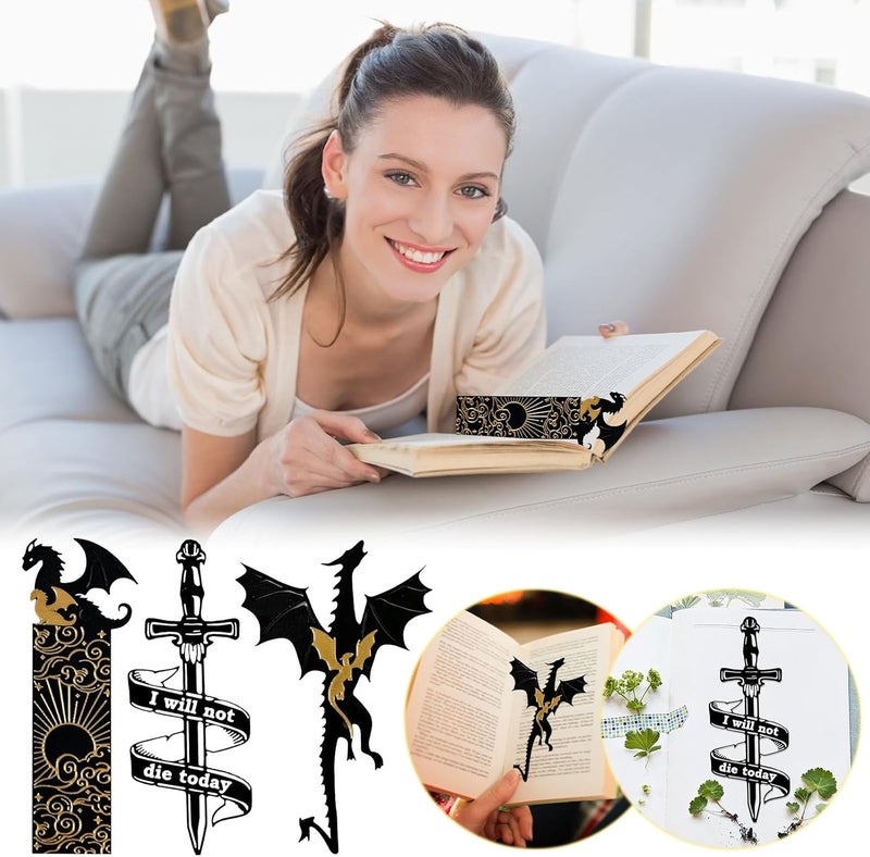 klarako Dragon Bookmark, Gold Bookmark, Black and Gold Dragons with Sun and Clouds Bookmark, Cool Bookmark for Book Lovers, Boys, Girls Book Accessories, Christmas Bookmark (B) - Image 2