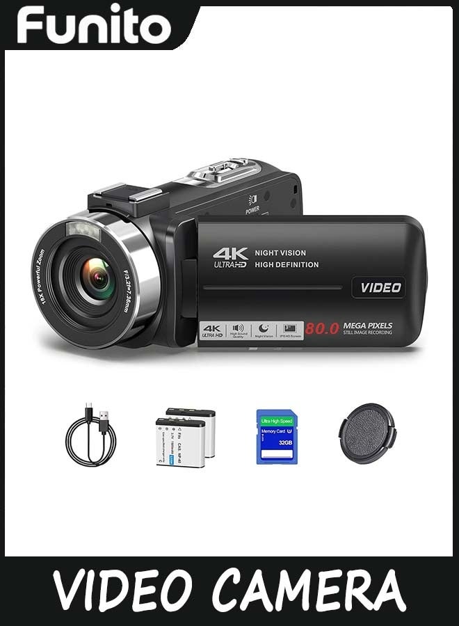 Funito 4K 80MP Camcorder Video Camera Ultra HD Vlogging Camera ,18X Digital Zoom Recorder 3.0" IPS HD Screen With Handheld Stabilizer, Microphone, Remote Control and 32GB SD Card - Image 1