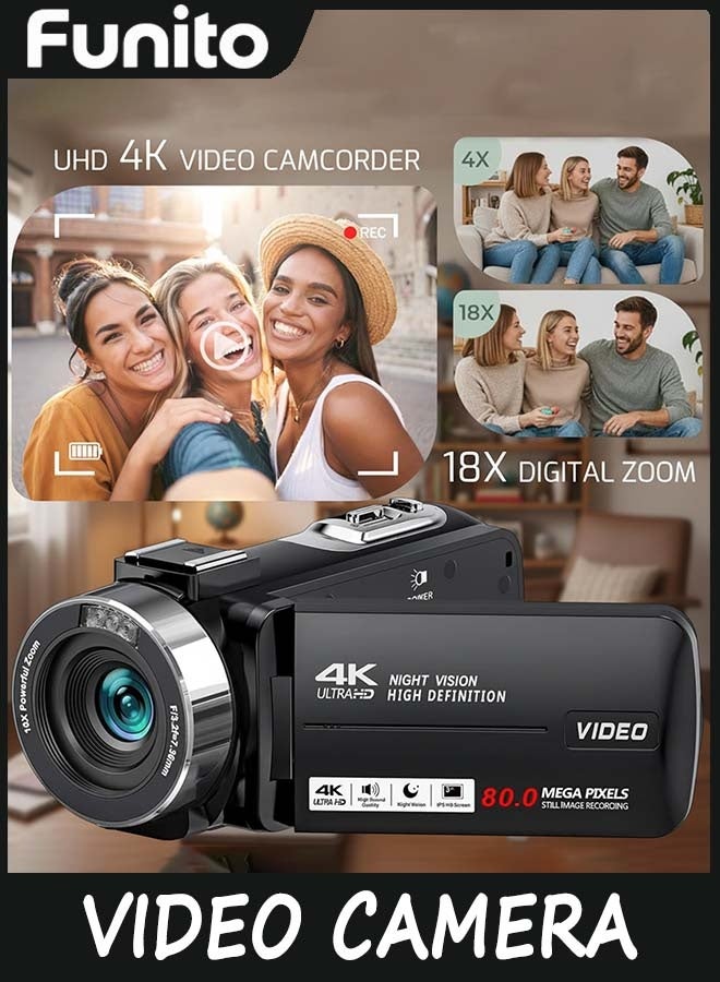 Funito 4K 80MP Camcorder Video Camera Ultra HD Vlogging Camera ,18X Digital Zoom Recorder 3.0" IPS HD Screen With Handheld Stabilizer, Microphone, Remote Control and 32GB SD Card - Image 2