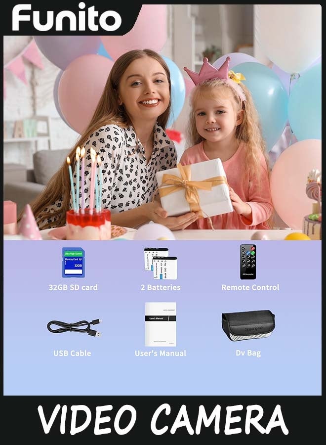 Funito 4K 80MP Camcorder Video Camera Ultra HD Vlogging Camera ,18X Digital Zoom Recorder 3.0" IPS HD Screen With Handheld Stabilizer, Microphone, Remote Control and 32GB SD Card - Image 3