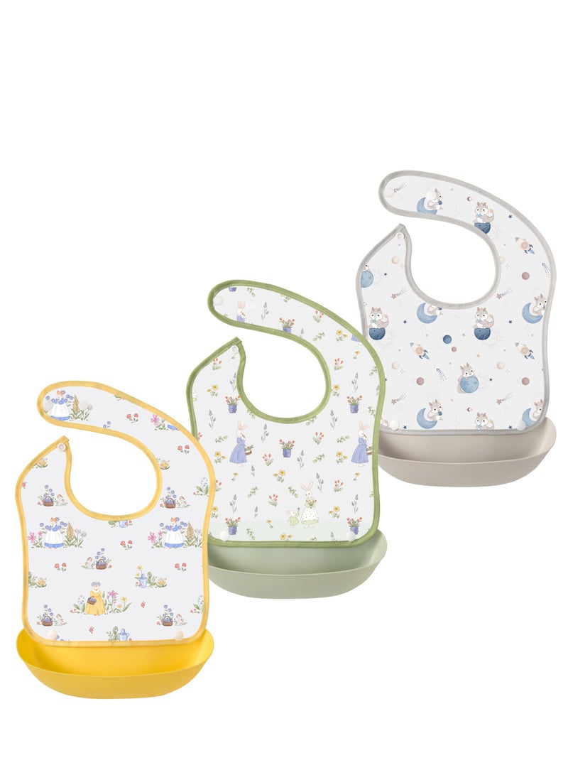 DOOKOO Baby Bibs set of 3 for Babies u0026 Toddlers (6-24 months) Waterproof Soft Durable Adjustable Baby Feeding Bibs for Eating with Detachable Pocket Food Catcher - Image 1