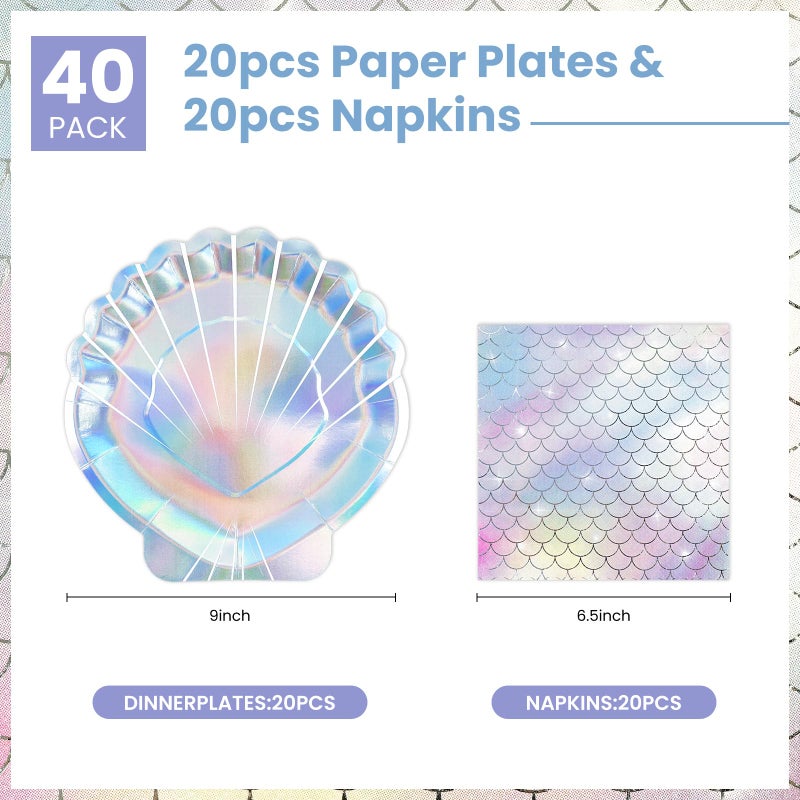 KFJBPB 40 Pcs Iridescent Mermaid Plates and Napkins Party Supplies, Seashell Disposable Paper Plates and Napkins Tableware Set for Mermaid Baby Shower Birthday Party Decorations Serves 20 - Image 2