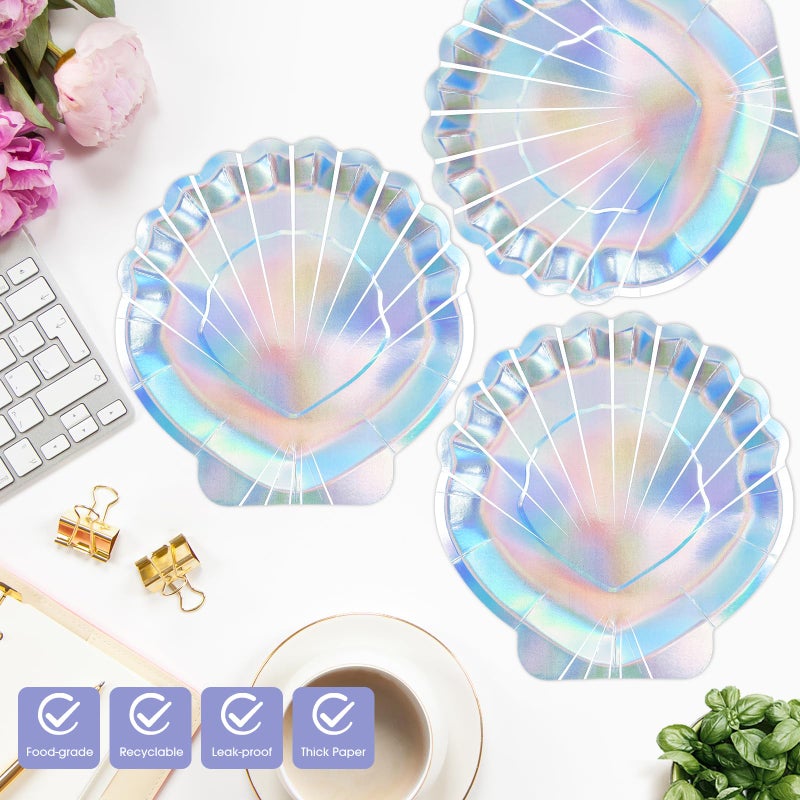 KFJBPB 40 Pcs Iridescent Mermaid Plates and Napkins Party Supplies, Seashell Disposable Paper Plates and Napkins Tableware Set for Mermaid Baby Shower Birthday Party Decorations Serves 20 - Image 3