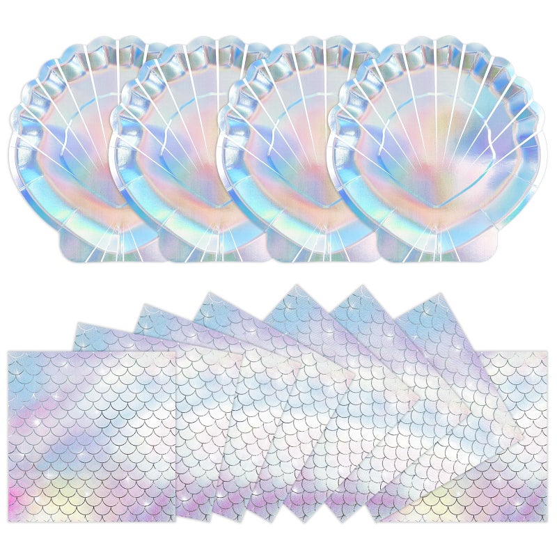 KFJBPB 40 Pcs Iridescent Mermaid Plates and Napkins Party Supplies, Seashell Disposable Paper Plates and Napkins Tableware Set for Mermaid Baby Shower Birthday Party Decorations Serves 20 - Image 1