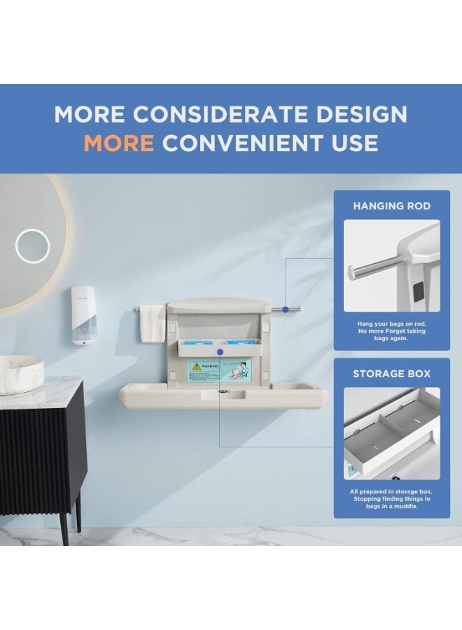 YOUWE7 محطة تغيير حفاضات الأطفال من YOUWE7، محطة تغيير حفاضات مثبتة على الحائط مع حزام أمان، طاولة تغيير حفاضات مثبتة على الحائط لدورات المياه العامة، محطة تغيير حفاضات تجعل كل أم سعيدة. - Image 5