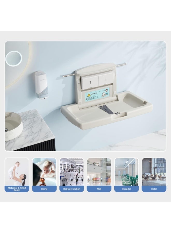 YOUWE7 محطة تغيير حفاضات الأطفال من YOUWE7، محطة تغيير حفاضات مثبتة على الحائط مع حزام أمان، طاولة تغيير حفاضات مثبتة على الحائط لدورات المياه العامة، محطة تغيير حفاضات تجعل كل أم سعيدة. - Image 2