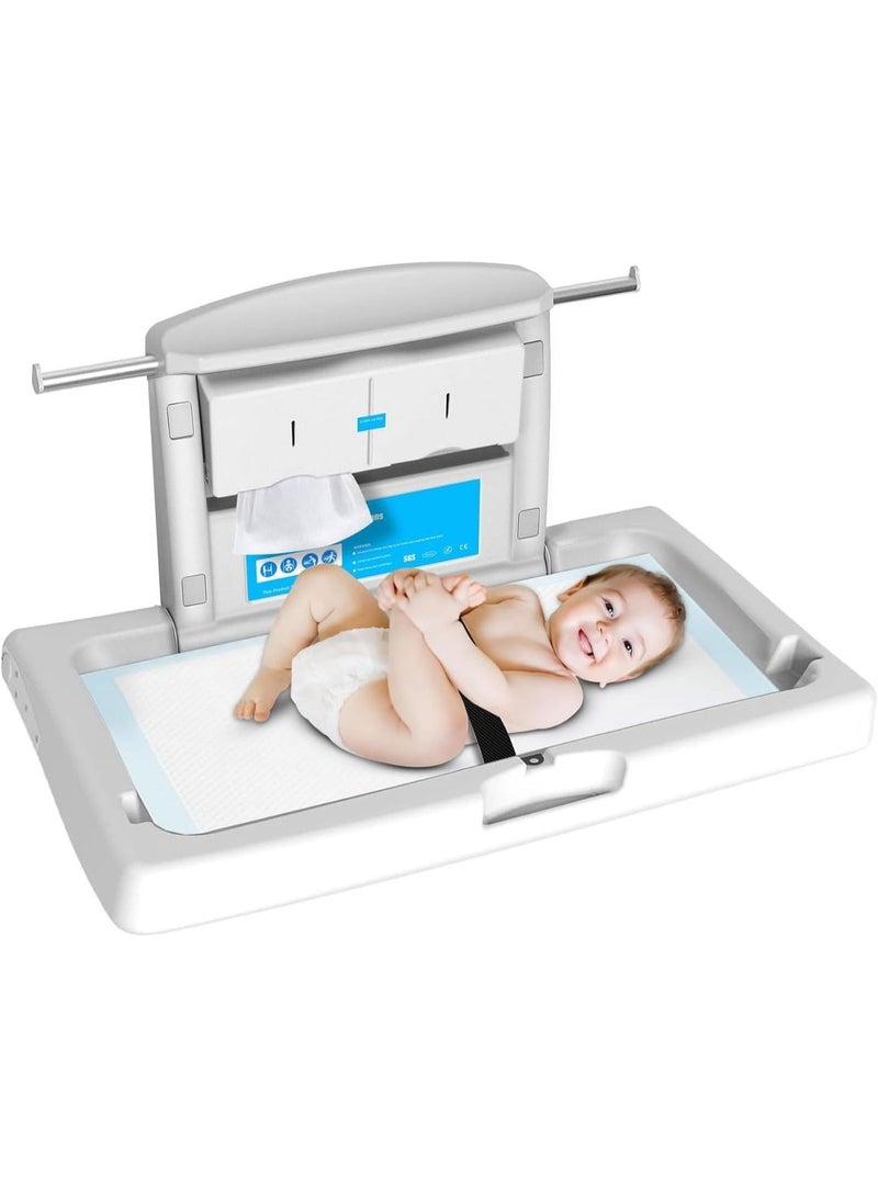 YOUWE7 محطة تغيير حفاضات الأطفال من YOUWE7، محطة تغيير حفاضات مثبتة على الحائط مع حزام أمان، طاولة تغيير حفاضات مثبتة على الحائط لدورات المياه العامة، محطة تغيير حفاضات تجعل كل أم سعيدة. - Image 1