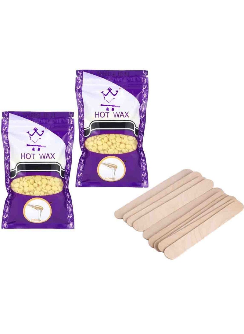 Konsung Beauty Hair Removal Hot Wax Honey 2pcs*100grams with 10 Wooden Sticks (No Waxing Paper Needed) 