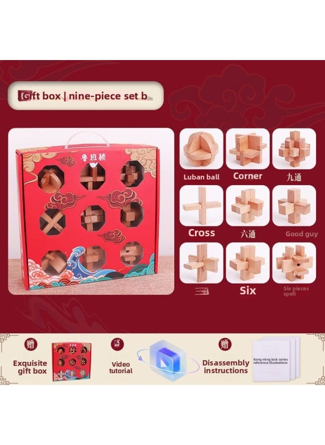 Luban Lock Kongming Lock Full Set Of Wooden Mortise And Tenon Building Blocks Toys For Children And Primary School Students 6-12 Years Old Intellectual Development Gift-Color:Gift Box-nine-piece Set Type B-beech Luban Lock/kongming Lock