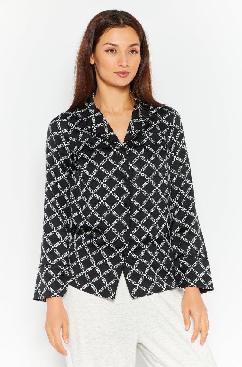 Michael Kors Women Allover Print Long Sleeve Sleep Top, Black  - Image 1