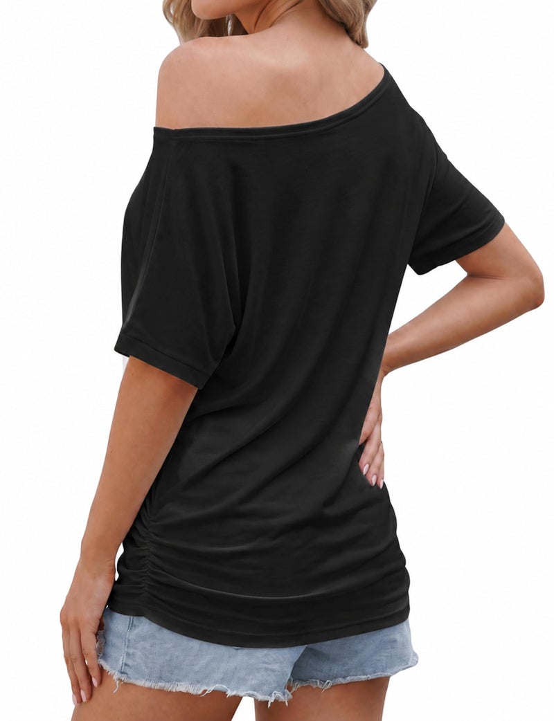 Buauty Womens Summer Off Shoulder Tops Casual Loose Short Sleeve T Shirts One Shoulder Tops Trendy Sexy Cute Tunic Tee Black - Image 4