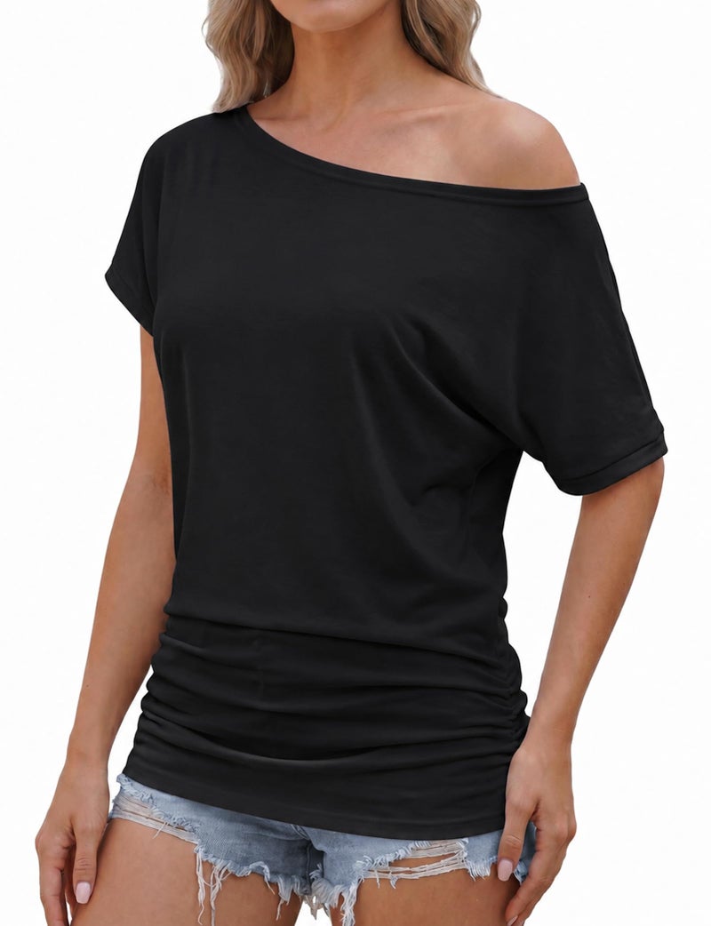 Buauty Womens Summer Off Shoulder Tops Casual Loose Short Sleeve T Shirts One Shoulder Tops Trendy Sexy Cute Tunic Tee Black - Image 2