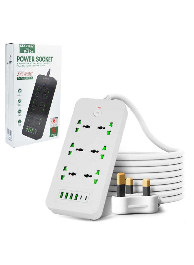 سكاي فيو شريط طاقة واقي من زيادة التيار - سلك تمديد بمقبس مسطح مع 6 منافذ و4 منافذ USB ومنفذين من النوع C، سلك طاقة بطول 2 متر (3000 واط/16 أمبير/110 فولت-265 فولت)، مادة مقاومة للهب من البولي كربونات، قلب نحاسي نقي (أبيض) - Image 1