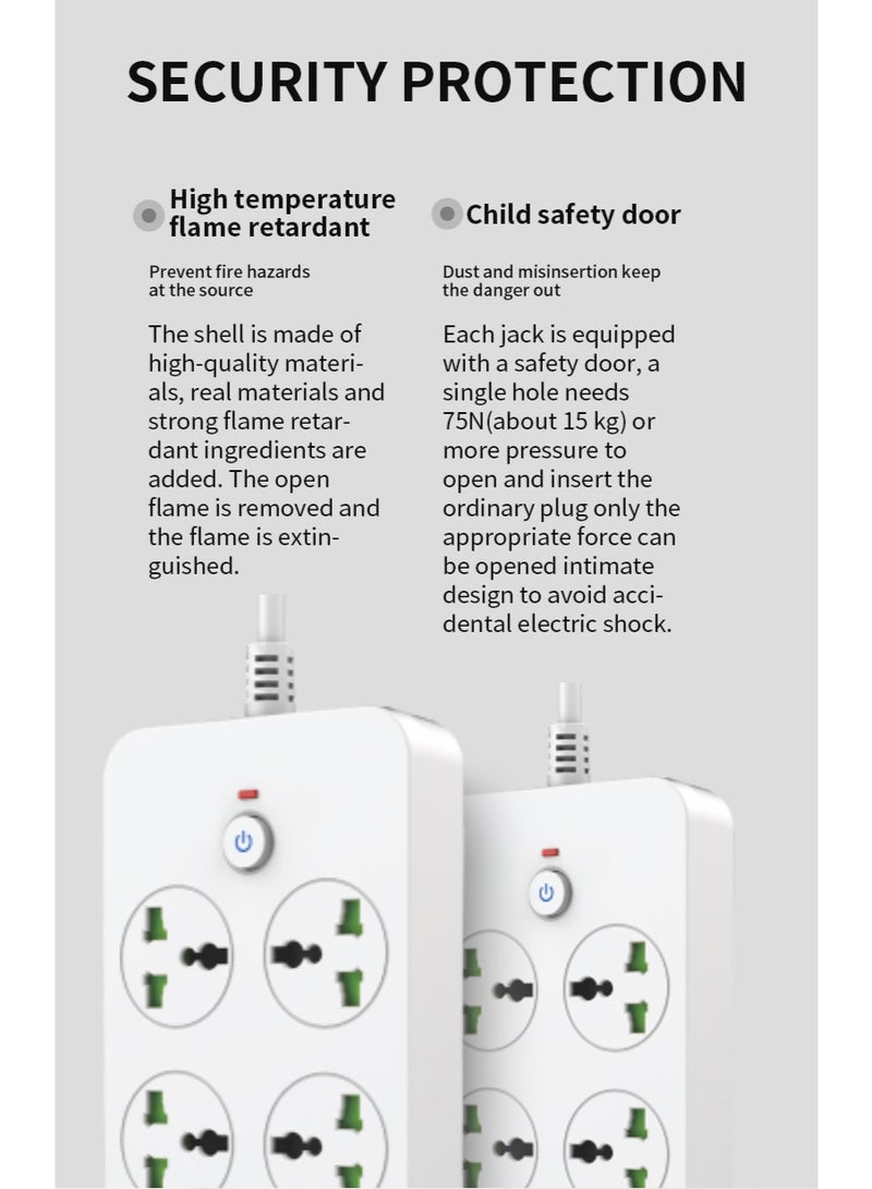سكاي فيو شريط طاقة واقي من زيادة التيار - سلك تمديد بمقبس مسطح مع 6 منافذ و4 منافذ USB ومنفذين من النوع C، سلك طاقة بطول 2 متر (3000 واط/16 أمبير/110 فولت-265 فولت)، مادة مقاومة للهب من البولي كربونات، قلب نحاسي نقي (أبيض) - Image 3