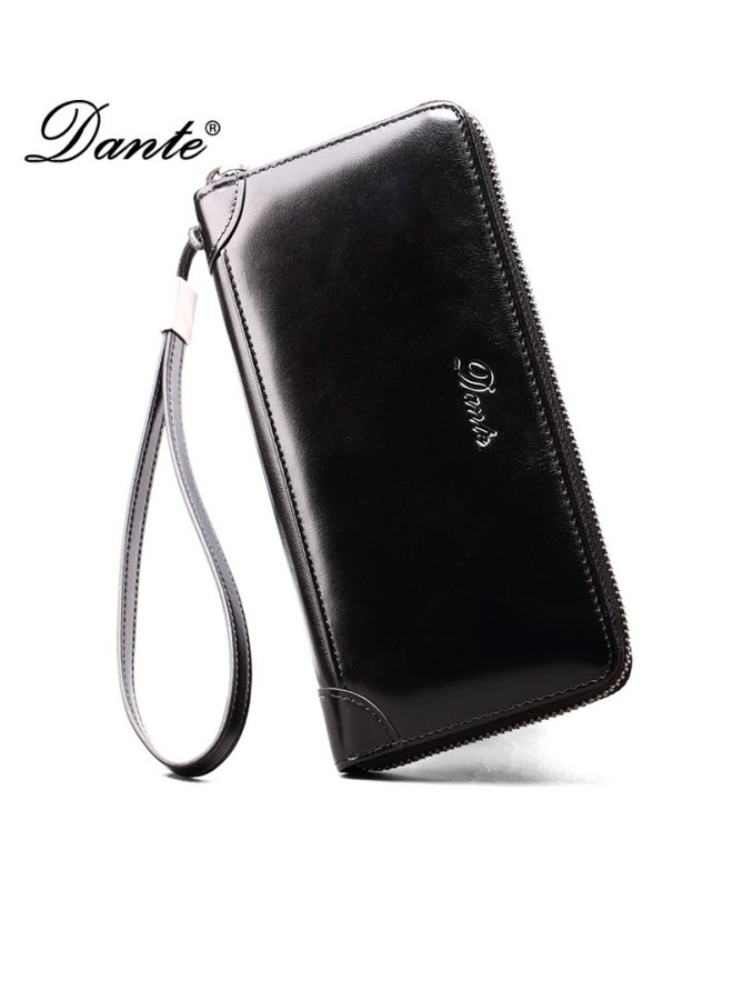 دانتي محفظة للرجال من الجلد الطبيعي، حقيبة بمقبض RFID مضادة للسرقة، طبقة أولى كلاسيكية من جلد البقر، محفظة طويلة، شمع زيتي أسود (فرشاة بطاقة مضادة للسرقة) - Image 1