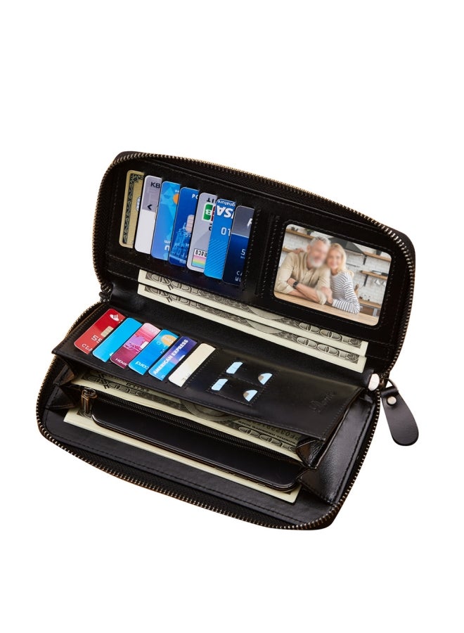 دانتي محفظة للرجال من الجلد الطبيعي، حقيبة بمقبض RFID مضادة للسرقة، طبقة أولى كلاسيكية من جلد البقر، محفظة طويلة، شمع زيتي أسود (فرشاة بطاقة مضادة للسرقة) - Image 3