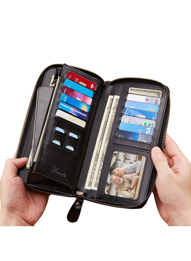 دانتي محفظة للرجال من الجلد الطبيعي، حقيبة بمقبض RFID مضادة للسرقة، طبقة أولى كلاسيكية من جلد البقر، محفظة طويلة، شمع زيتي أسود (فرشاة بطاقة مضادة للسرقة) - Image 2