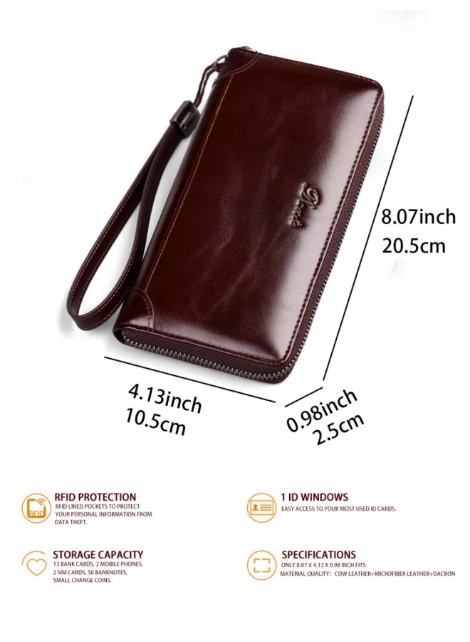 دانتي محفظة للرجال من الجلد الطبيعي، حقيبة بمقبض RFID مضادة للسرقة، طبقة أولى كلاسيكية من جلد البقر، محفظة طويلة، شمع زيتي أسود (فرشاة بطاقة مضادة للسرقة) - Image 4