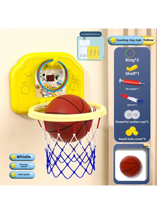 Children's Hanging Basketball Board Indoor And Outdoor Punch-Free Foldable Scoring Shooting Rings Kindergarten Basketball Toys-Color:[score Ring Rechargeable Battery Version] Yellow Space Cat (free Basketball + 3 Rings + Pump + Suction Cup)-Diameter:5 Basketballs  - Image 1