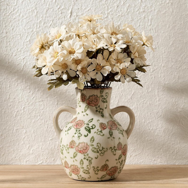 SIDUCAL Ceramic Vintage Pastoral Vase with Handles, 7 Inch Chinoiserie Floral Vase, Retro Ice Cracked Rustic Farmhouse Vases for Home Decor, Living Room, Bookshelf, Office, Tuscan Decor, Red Rose - Image 2