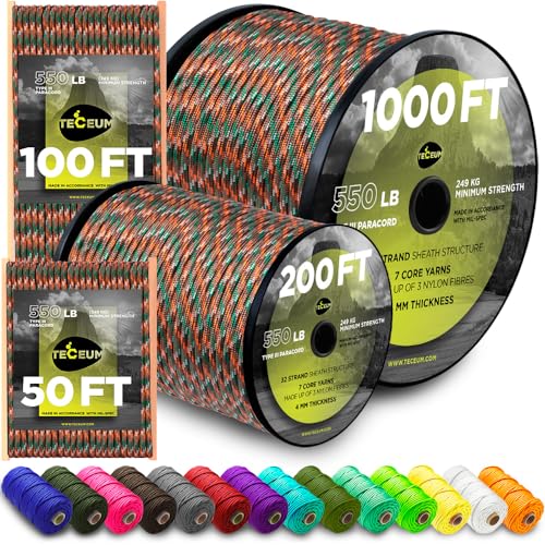 TECEUM Paracord Type III 550 Mixed Camo 100 ft 4mm Tactical Rope MILSPEC Outdoor para Cord Camping Hiking Fishing Gear and Equipment EDC Parachute Cord Strong Survival Rope - Image 1