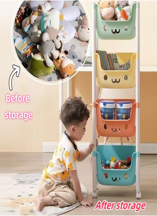4-Layer Household Wheeled Storage Rack Removable Baby Toys Organizer Bookshelf Large Capacity Kindergarten Sorting Rack