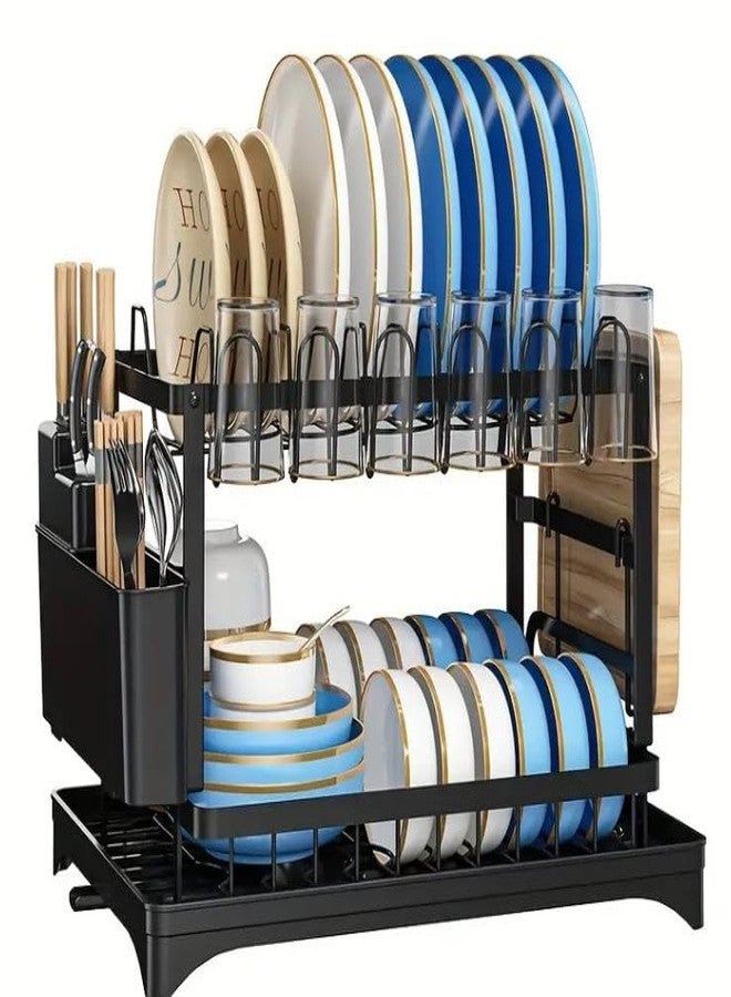 Mokshith Dish Drying Rack, 2-Tier Rust-Resistant Dish Rack with Drainboard Cutlery Holder Cup Holder, Rustproof Dish Drainer for Kitchen Counter (Black) - Image 1