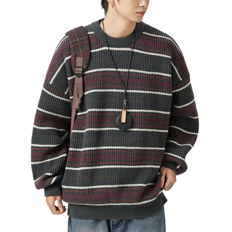 POHADON Mens Y2k Striped Sweater Vintage Aesthetic Grandpa Knitted Pullover Tops Long Sleeve Crewneck Women Grunge Clothes (b Purple,2XL) - Image 1